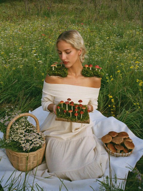 A mushroom meadow muse — original AI-generated fictional character