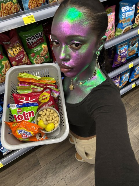 Holographic skin, ordinary groceries — original AI-generated fictional character