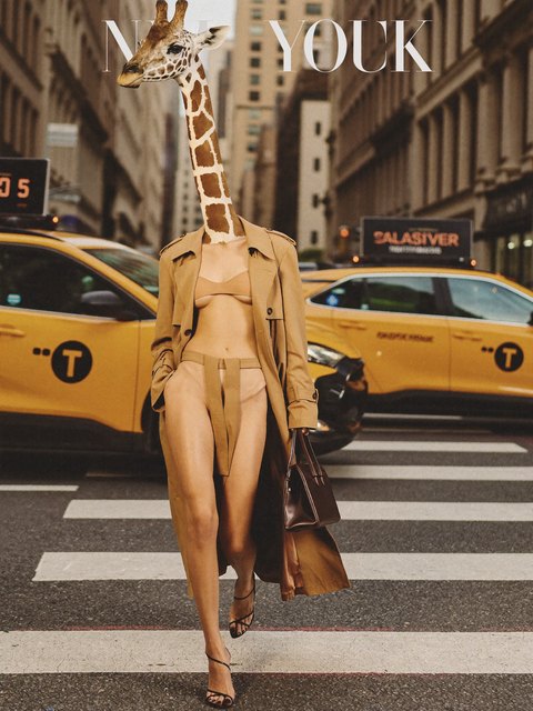 A giraffe in the crosswalk — original AI-generated fictional character