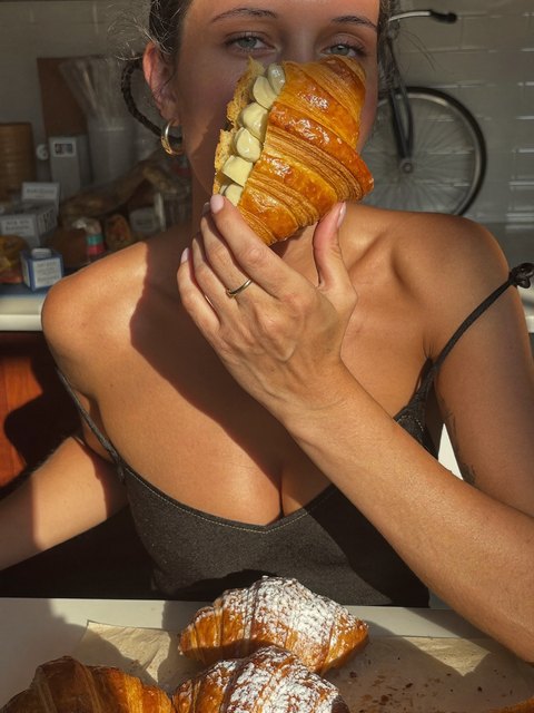 Croissant skin becomes a snack — original AI-generated fictional character