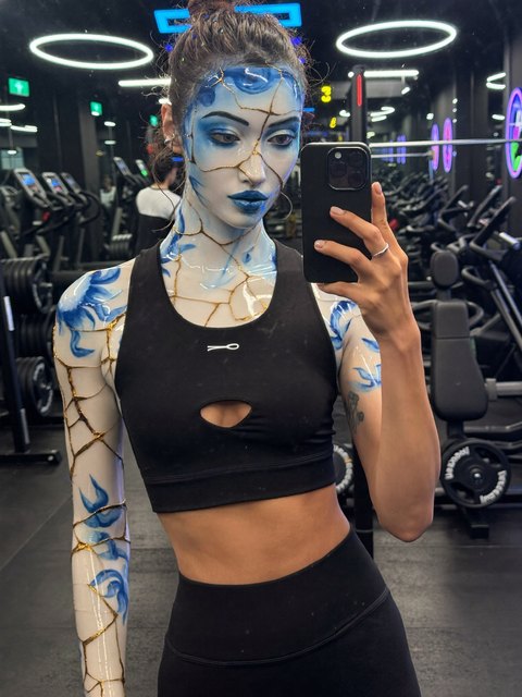 Porcelain at the gym — original AI-generated fictional character