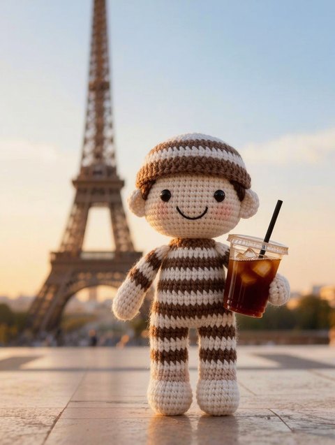 A wool doll in Paris — original AI-generated fictional character