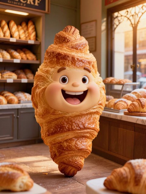 The croissant becomes the character — original AI-generated fictional character